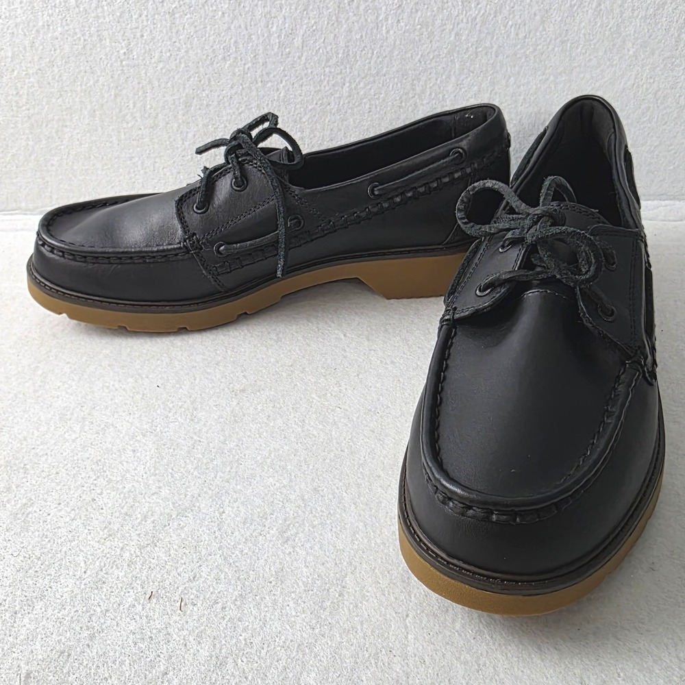 Sperry Wells Boat Shoes Womens 11 Black Leather Lug Sole Top Sider STS89604